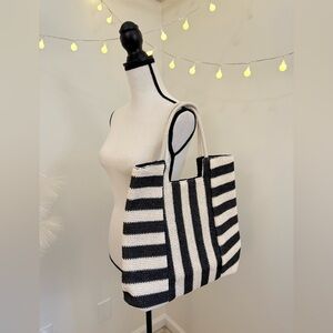 🌾 Striped Black and White Woven Tote Bag